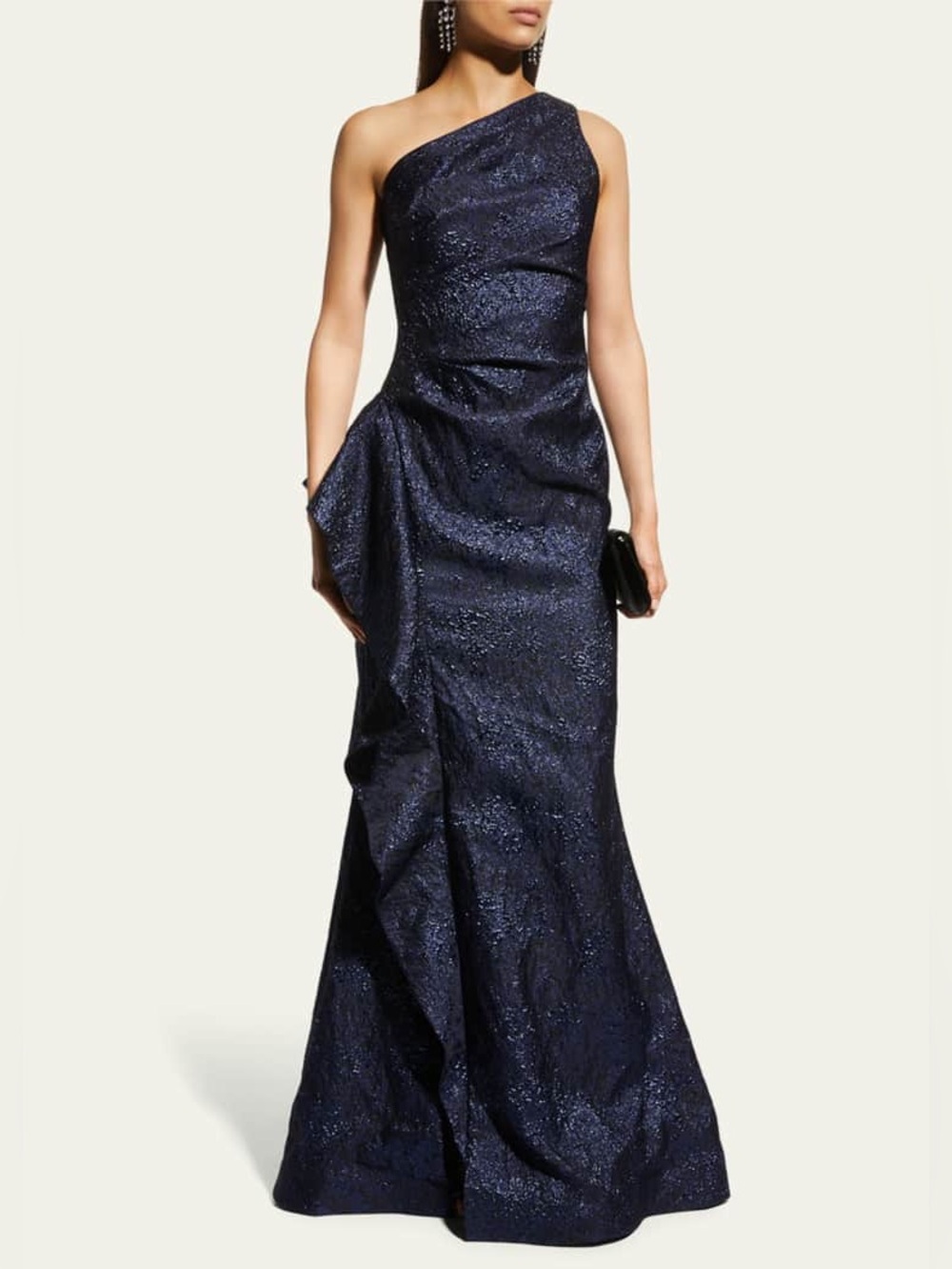 Rickie Freeman For Teri Jon New One Shoulder Jacquard Side Ruffle Gown 12 $800